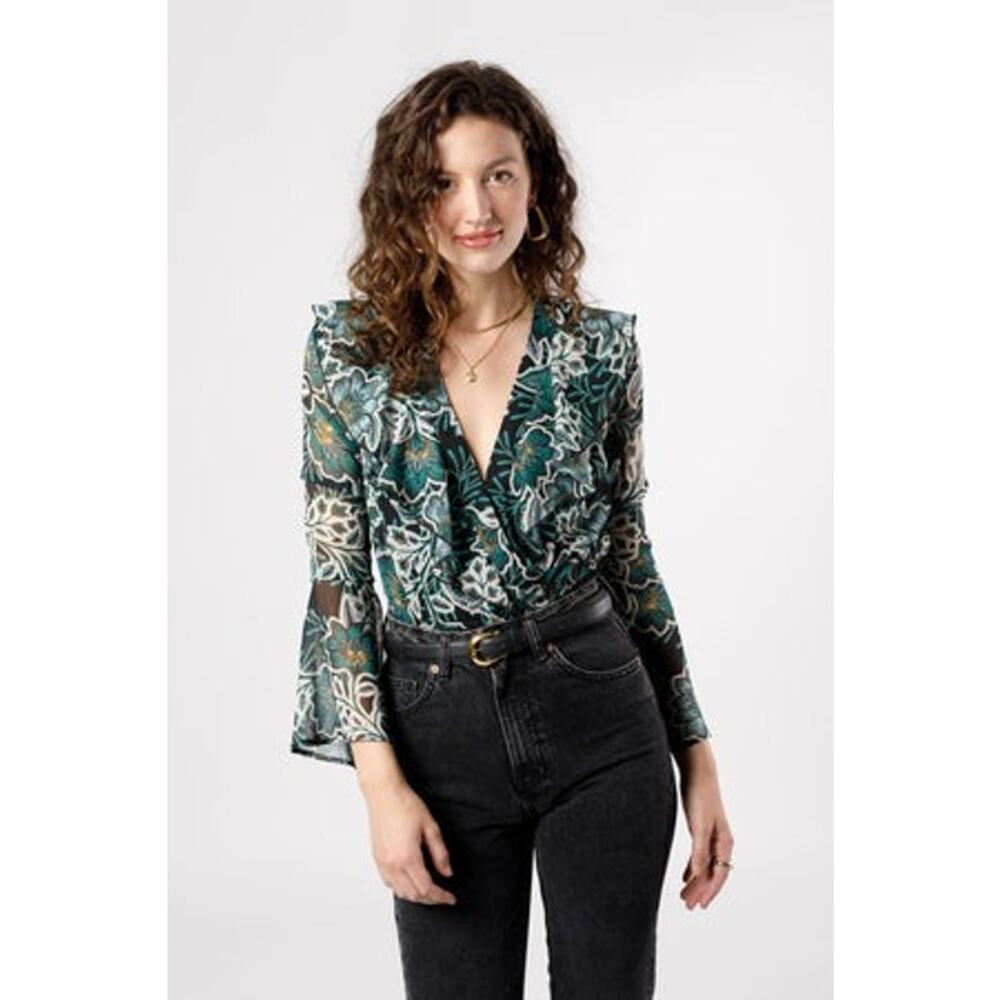 Band Of The Free Floral Ruffled Wrap Bodysuit XS Green Chiffon Bell Sleeve Boho